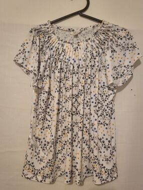 Style & Co. White Floral Pintuck Short Sleeve Blouse with Blue & Yellow Accents